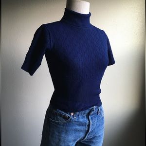 vintage 60s navy blue polyester turtle neck short sleeve body con zip up sweater